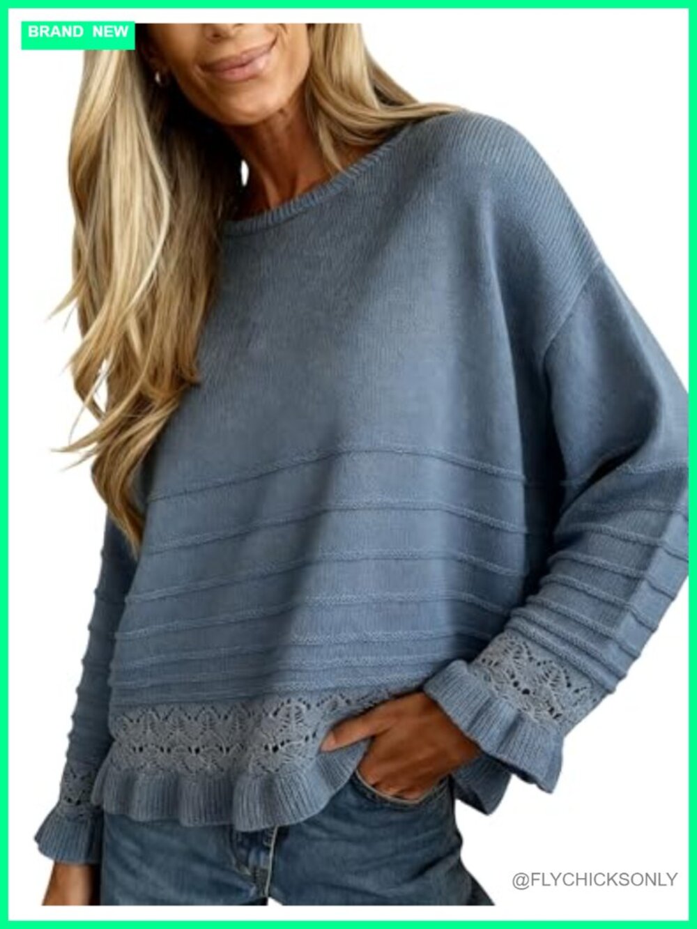 Womens Pullover Sweater Ruffled Hem Knit Long Sleeve Crew Neck Casual Top